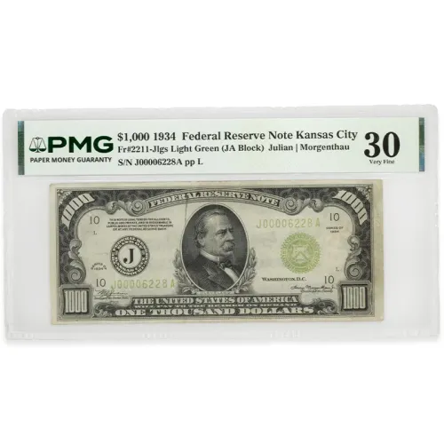 1934 $1000 Federal Reserve Note Kansas City - PMG VF30 Stamp Ink