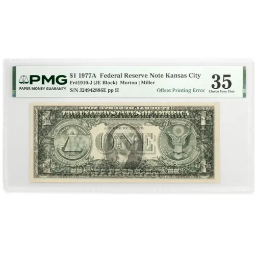1977A US $1 Federal Reserve Kansas City - PMG 35 Choice VF - Offset Printing of Front to Back