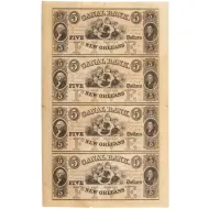 1800s New Orleans Canal Bank $5 Note - Uncut Sheet of 4