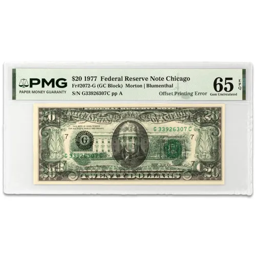 1977 $20 Chicago Federal Reserve Note - PMG 65 EPQ Offset Printing Back to Front