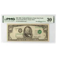 1985 $50 New York Federal Reserve Note - PMG VF30 Overprint Misaligned
