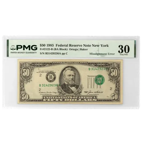 1985 $50 New York Federal Reserve Note - PMG VF30 Overprint Misaligned