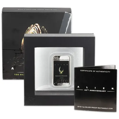 2019 Tuvalu $1 Colorized 1oz Silver Proof Rectangle Coin - 40th Anniversary Alien - Damaged Box
