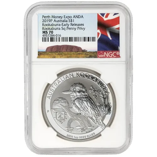 2019 P Australia 1oz Silver Kookaburra Square Penny Privy - NGC MS70 Early Release