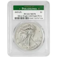 2025 American Silver Eagle - Eagle Privy Mark - PCGS MS70 Milk Spots