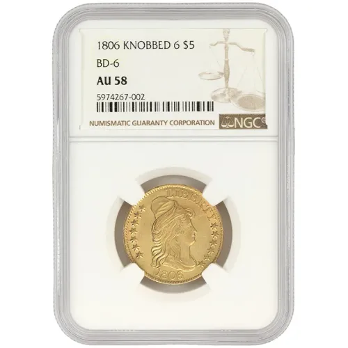 1806 Capped Bust $5 Gold Half Eagle - Knobbed 6 - NGC AU 58