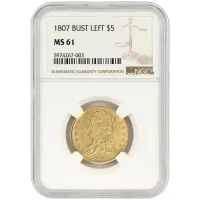 1807 Draped Bust $5 Gold Half Eagle - Bust Left - NGC MS 61