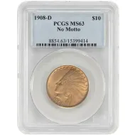 1908 D Indian $10 Gold Eagle No Motto - PCGS MS63