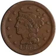 1853 Large Cent - Almost Uncirculated Detail - Corrosion