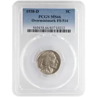 1938 D Buffalo Nickel - Overmintmark FS-514 - PCGS MS66